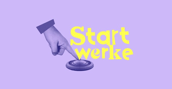 Symbolisches Bild mit Finger auf Button mit Text Start und dem Wort Startwerke.